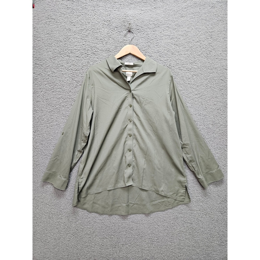 Chico's No-Iron Button Down Shirt 3 XL Olive Green Roll Tab High Low Hem